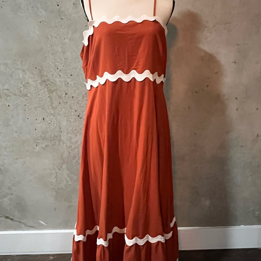Rust Wavy-Trim Spaghetti Strap Dress